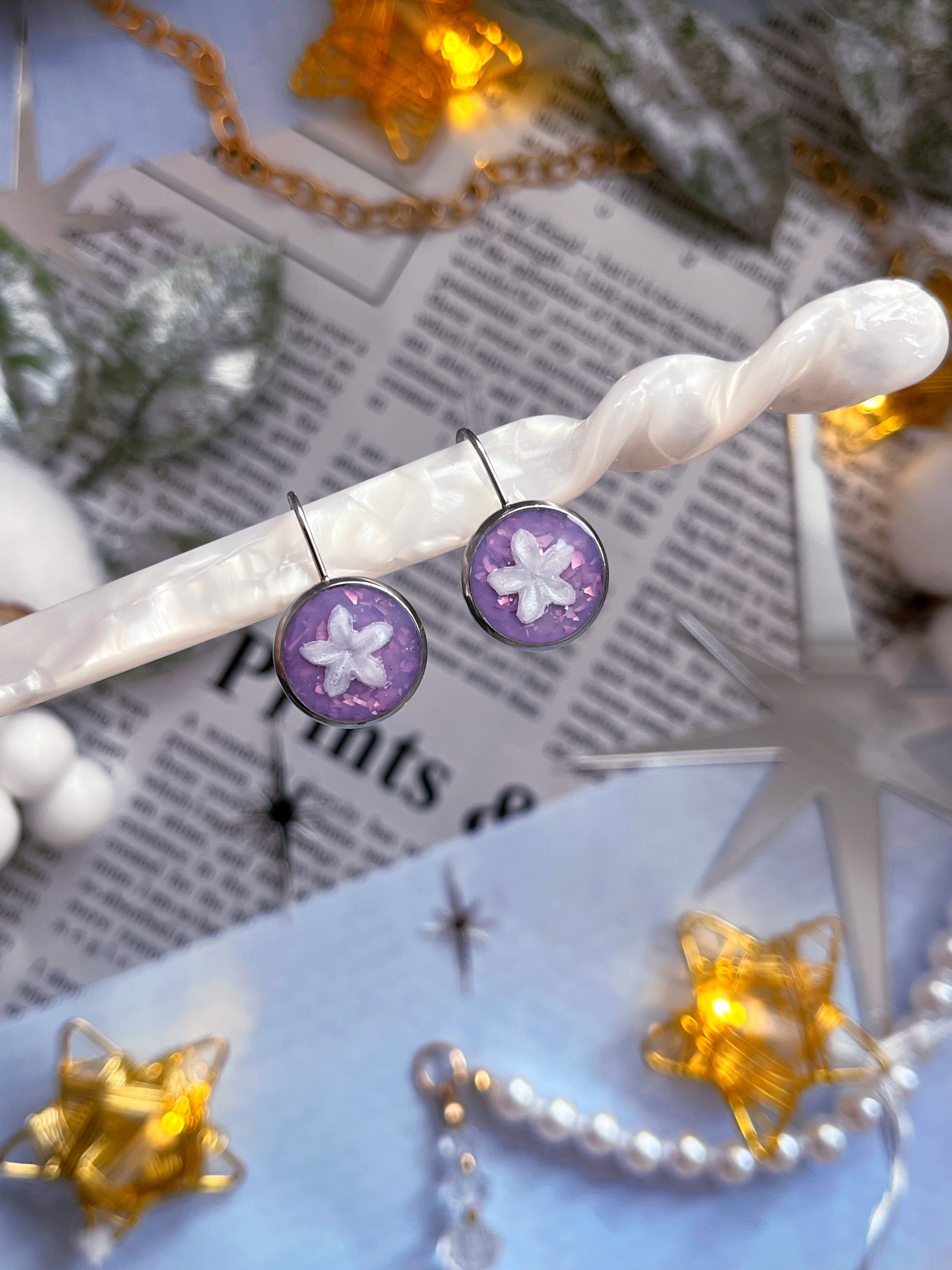 Серьги "Осколки" фиолетовые с цветами