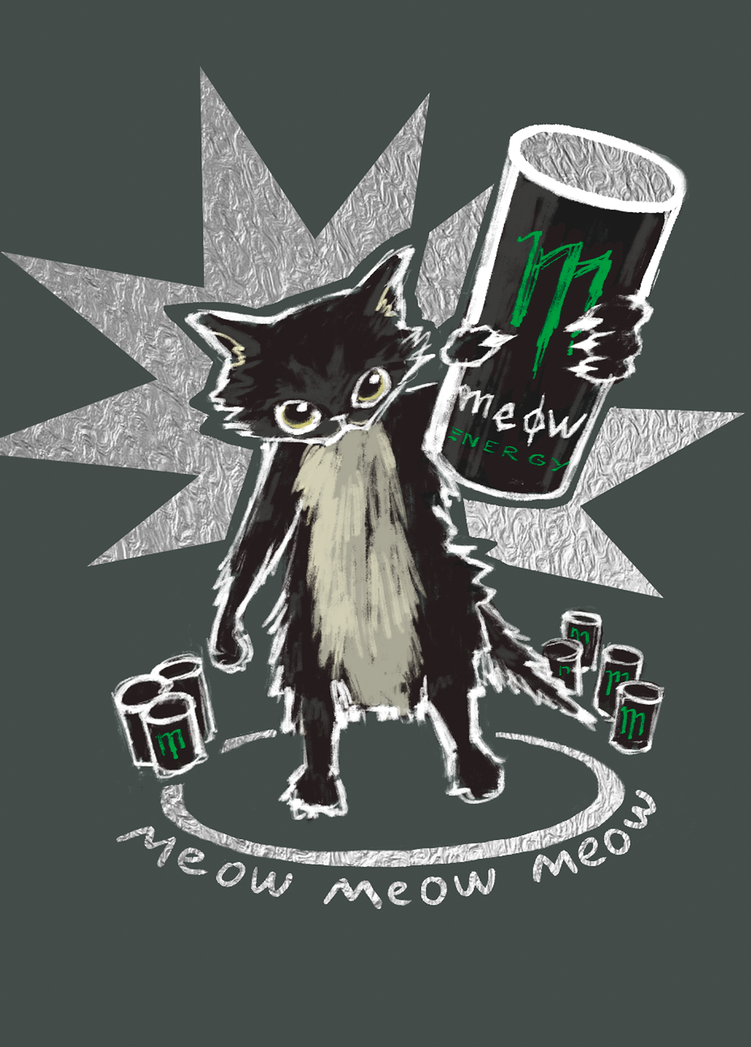 Открытка А6 голография Котик с энергетиком