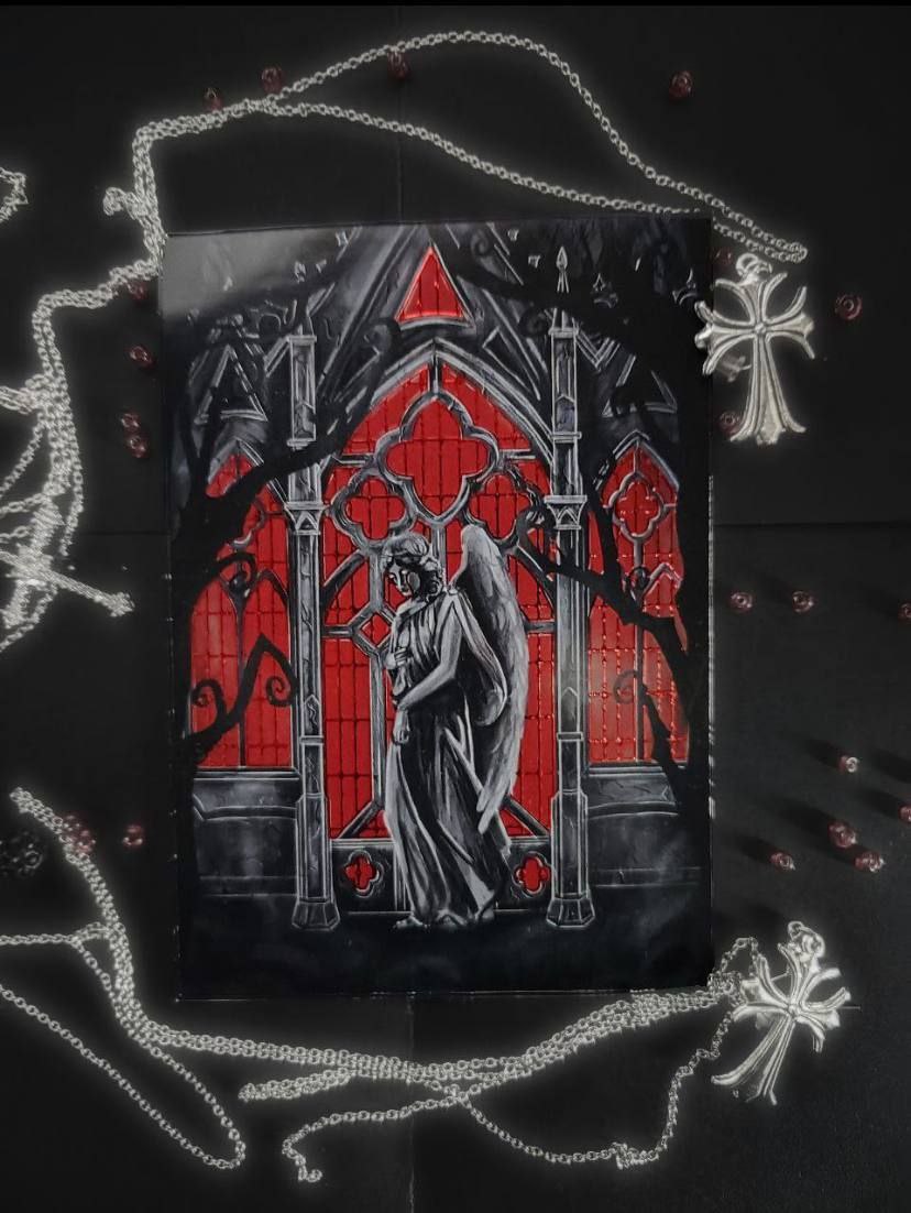 Открытка красная фольга статуя