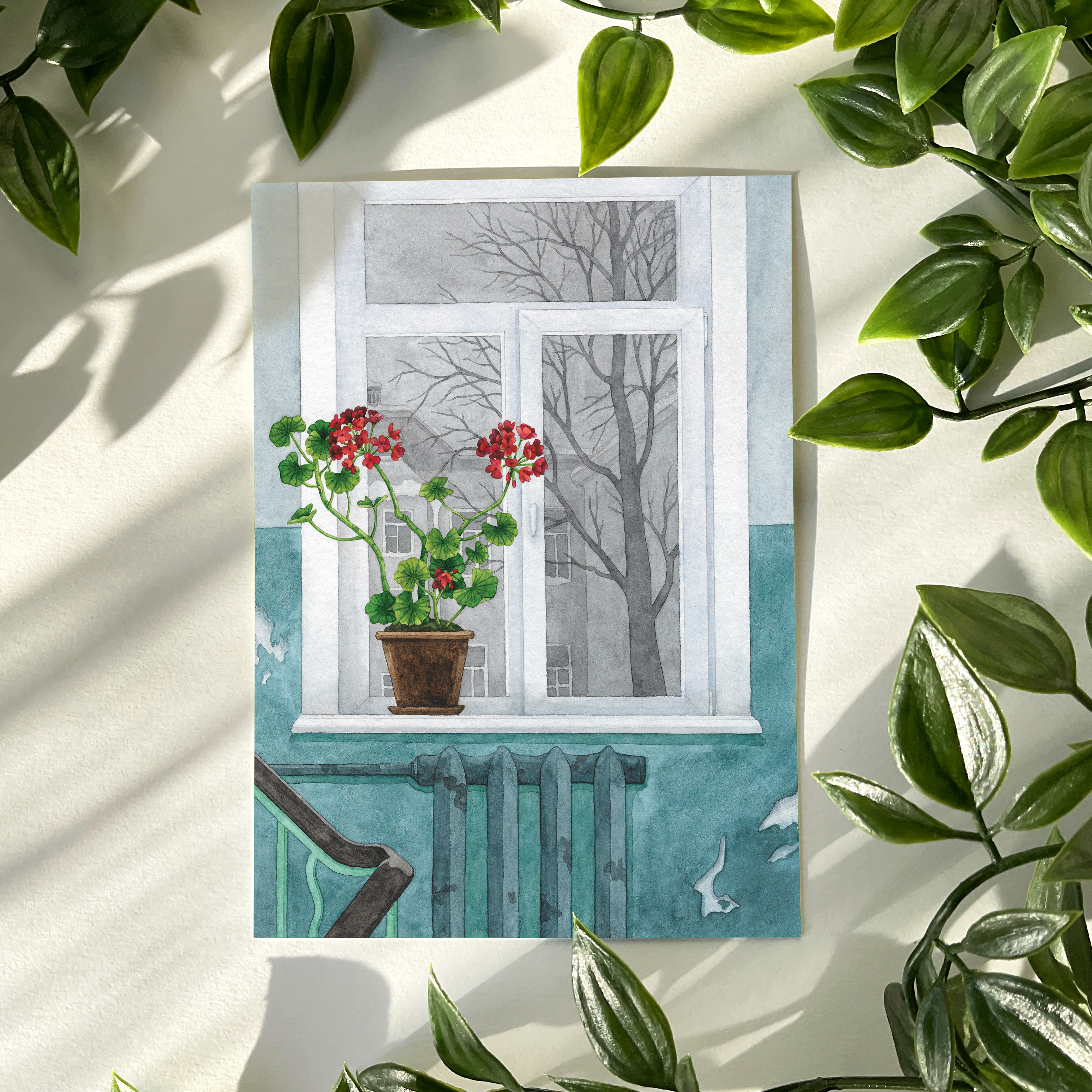 Открытка «Герань в подъезде»