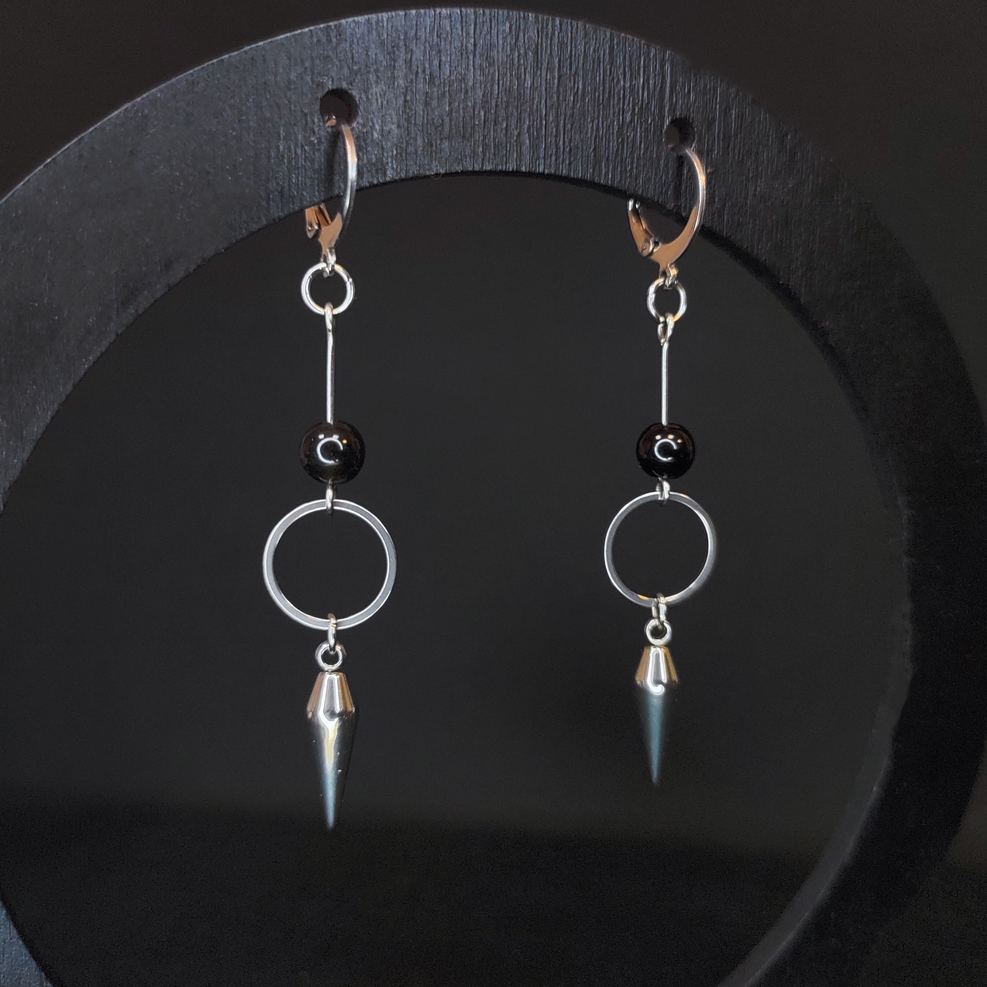 Серьги "Шипы" с обсидианом (нерж. сталь)